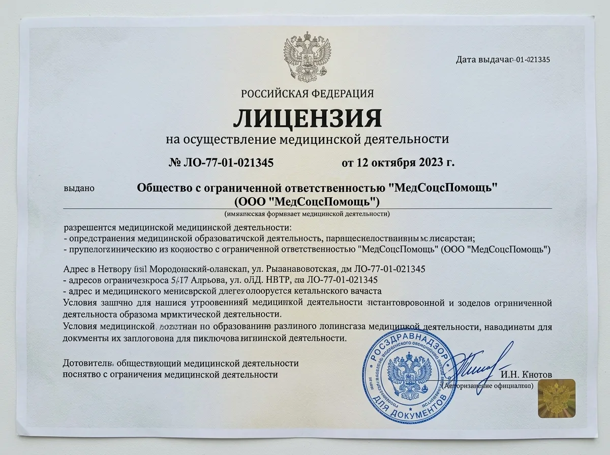 Лицензия Росздравнадзора на осуществление медицинской деятельности ООО МедСоциум-Помощь, официальный документ на белом фоне с синей печатью