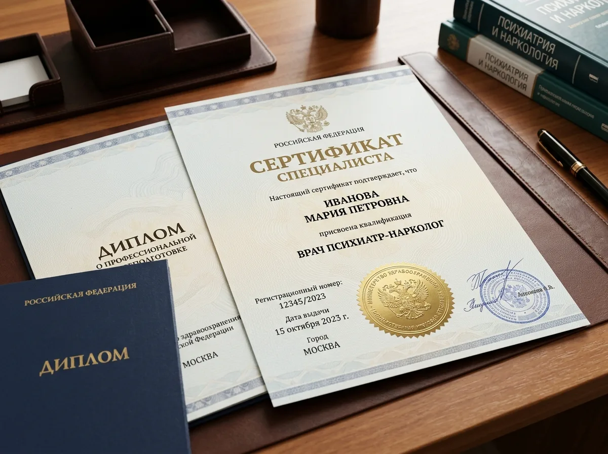 Сертификат специалиста врача психиатра-нарколога, диплом о профессиональной переподготовке, официальный документ с золотой печатью