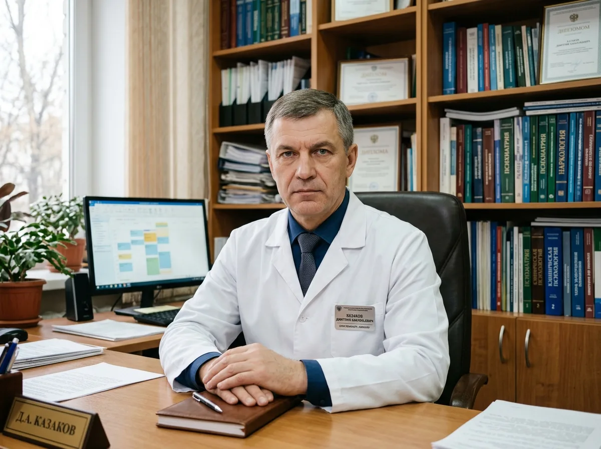 Портрет врача-психиатра-нарколога Казакова Дмитрия Анатольевича, мужчина в белом халате, профессиональный медицинский кабинет, строгий и уверенный вид